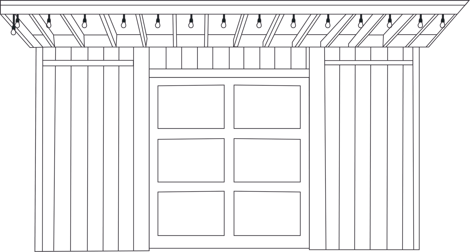Elevation of the He Shed, with a glass-paneled garage door