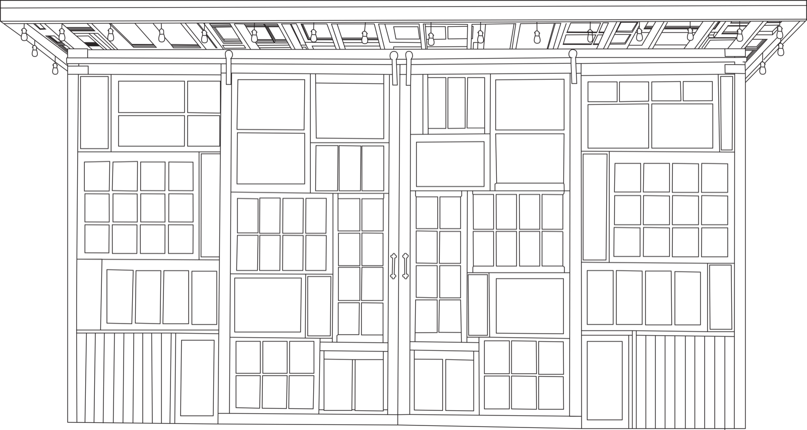 Elevation of the She Shed, a wall of salvaged windows with café lights along the roof