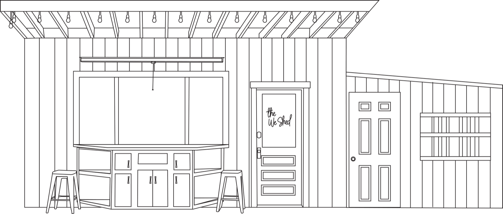 Elevation of the We Shed, with a bar counter, two stools and a lean-to